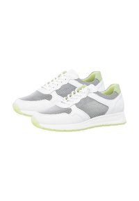 White and grey athletic shoes featuring mesh panels, a smooth texture, and green accents on the heel and laces, with a cushioned sole.