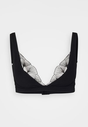 Soutien-gorge noir avec un décolleté en V plongeant ; présente une bordure en dentelle noire transparente avec un motif en éventail au niveau du col. Matériau doux et élastique.