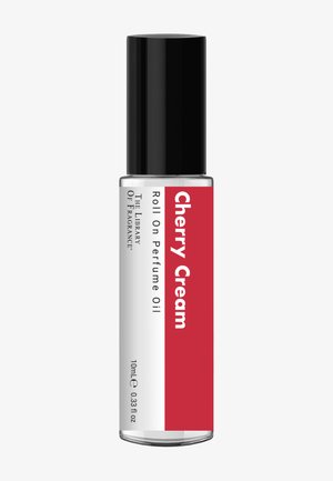 Perfumowana oliwka w roll-on w przezroczystej szklanej buteleczce. Czarna zakrętka, etykieta w czerwono-białe wzory z napisem "Cherry Cream," pojemność 10 mL. Gładka tekstura.
