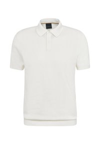 Cremefarbenes Kurzarmpolo-Shirt aus weichem Stoff, mit einem Kragen, einer Knopfleiste mit drei Knöpfen sowie geripptem Saum und Bündchen.