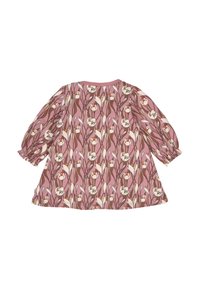 Langærmet kjole i pink med et blomsterprint, der har hvide og beige blomster på brune stilke. Afslappet pasform og fr gathered manchetter.