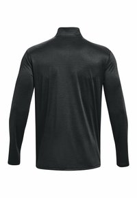 Schwarzes Langarmshirt mit Stehkragen, aus glattem, leichtem Stoff gefertigt. Verfügt über eine subtile Textur und eine lockere Passform.