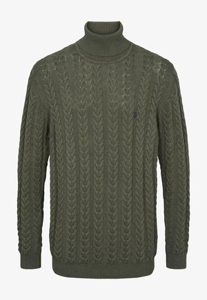 Pull à col roulé vert en maille torsadée avec poignets et ourlet côtelés. Présente un motif texturé avec une silhouette ajustée. Pas de logos ou accents visibles.