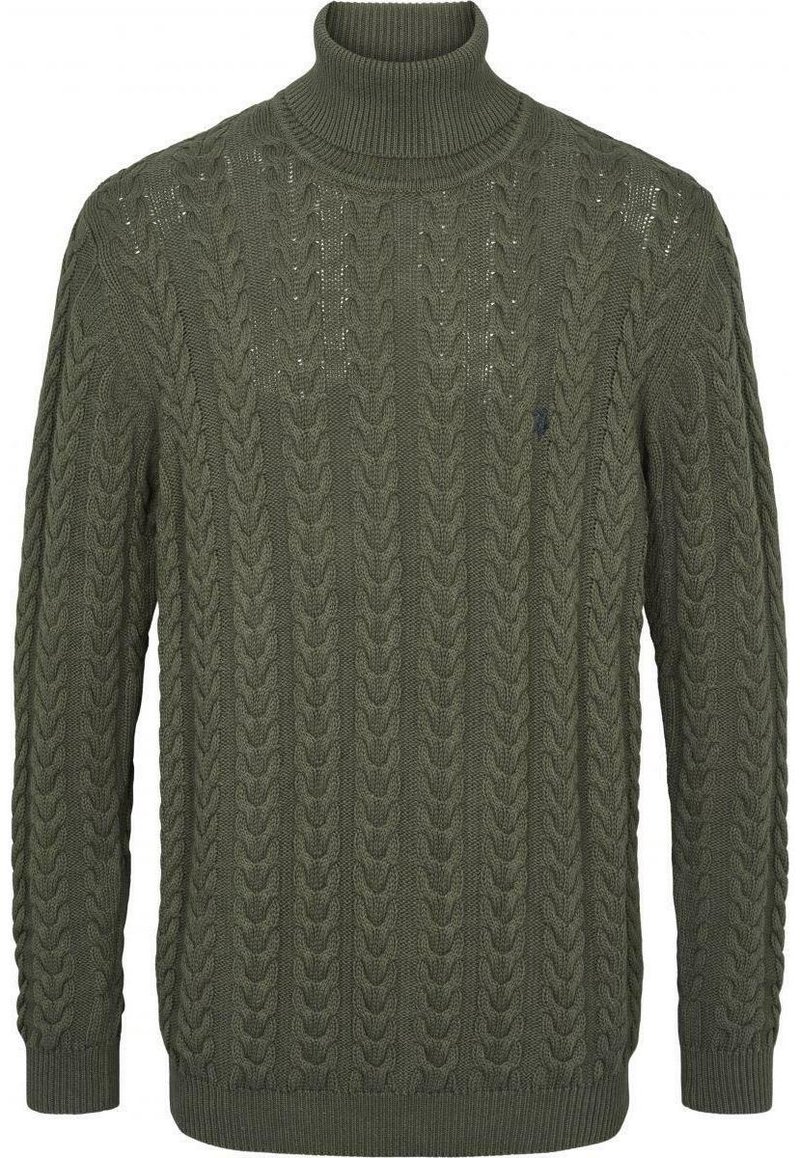 Pull à col roulé vert en maille torsadée avec poignets et ourlet côtelés. Présente un motif texturé avec une silhouette ajustée. Pas de logos ou accents visibles.