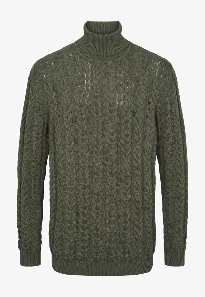 Pull à col roulé vert en maille torsadée avec poignets et ourlet côtelés. Présente un motif texturé avec une silhouette ajustée. Pas de logos ou accents visibles.