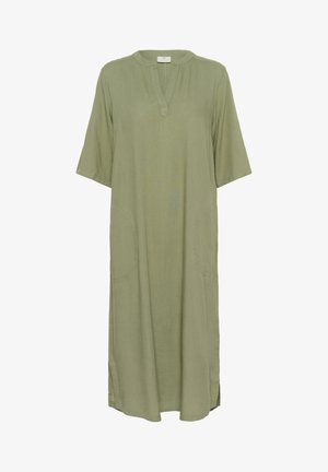 Olivengrøn maxikjole lavet af letvægtsstof. Har V-hals, korte ærmer og sidelommer med en afslappet pasform.