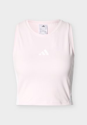 Ανοικτό ροζ αμάνικη κορυφή Adidas με στρογγυλή λαιμόκοψη και λευκό λογότυπο στο κέντρο μπροστά.