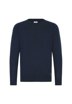 Marineblauwe gebreide trui met lange mouwen, ronde halslijn, geribbelde boorden en zoom, met een klein logo aan de onderkant.