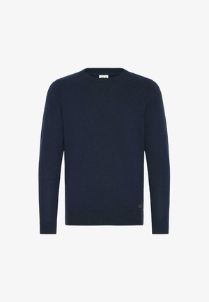 Tumesinine kootud sviiter, millel on pikad varrukad, ümar kaelus, soonikkoes mansetid ja alläär, millel on väike logo detail allosas.