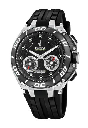 Black and silver Festina Connected Chrono Bike watch with black rubber strap, round dial, subdials for day and stopwatch, and large white numbers.