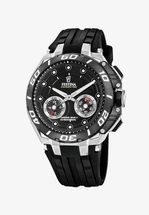 Czarny i srebrny zegarek Festina Connected Chrono Bike z czarnym gumowym paskiem, okrągłą tarczą, subtarczami dnia i stopera oraz dużymi białymi cyframi.