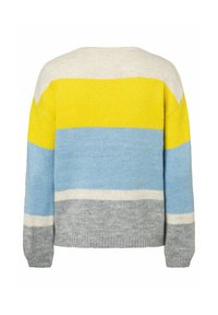 Farbblockierter Pullover mit gelben, blauen, cremefarbenen und grauen Streifen. Hergestellt aus weichem Strickmaterial und in lässig geschnittenem Stil mit langen Ärmeln.