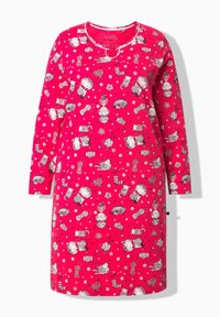 Nuisette à manches longues en tissu rose vif avec des personnages dessinés en noir et blanc, du fil et des motifs ludiques sur toute la surface.