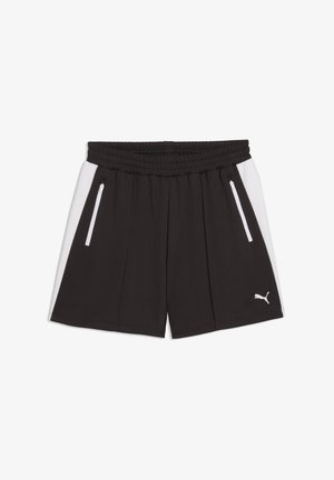 Melnas sporta šortos ar baltām sānu paneļiem, elastīgu jostasvietu, kabatām ar rāvējslēdzēju un baltu Puma logo labajā kājā.