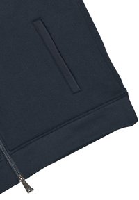 Granatowa bluza z zamkiem błyskawicznym, charakteryzująca się gładką fakturą, prążkowanymi mankietami oraz boczną kieszenią z ukrytym zamkiem.