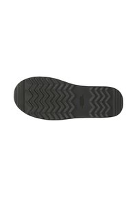 Semelle de chaussure en caoutchouc noir avec un motif de crampons en zigzag et des détails de logo. Forme plate avec un bout arrondi et une surface texturée pour une meilleure adhérence.