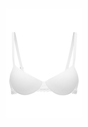 Weißer Bügel-BH mit glatten Cups, verstellbaren dünnen Trägern und zarter Spitzenverzierung am unteren Rand.