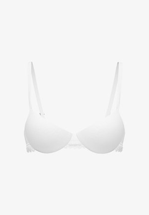 Weißer Bügel-BH mit glatten Cups, verstellbaren dünnen Trägern und zarter Spitzenverzierung am unteren Rand.
