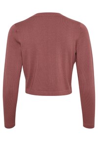 Rostfärgad långärmad cardigan, kort längd, slät textur, med rund halsringning och åtsittande ärmar.