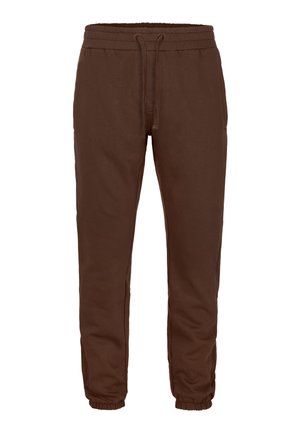 Braune Jogginghose aus weichem Stoff, mit elastischem Bund und Kordelzug, Seitentaschen sowie zulaufenden, elastischen Bündchen.