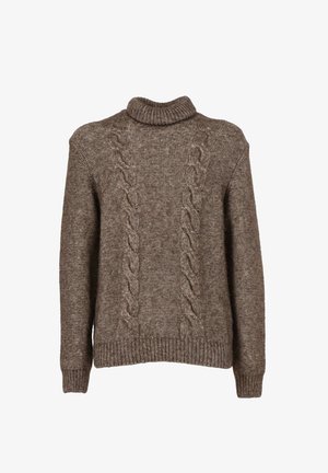 Maglione a collo alto marrone in maglia con motivi a treccia sul davanti, polsini e orlo a coste.