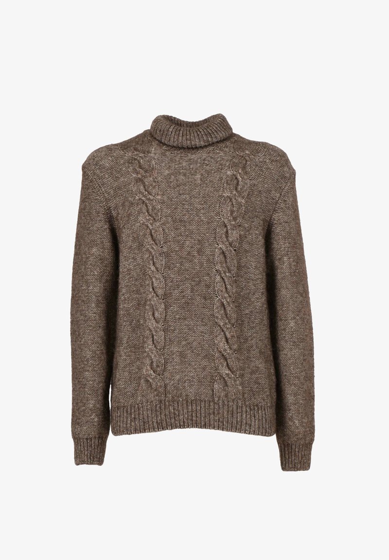 Maglione a collo alto marrone in maglia con motivi a treccia sul davanti, polsini e orlo a coste.