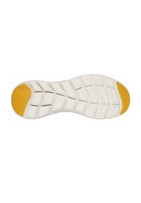 Suela de zapato con una base de goma blanca y un acento amarillo. Presenta una superficie texturizada con un patrón de bloques elevados para mayor agarre y flexibilidad.