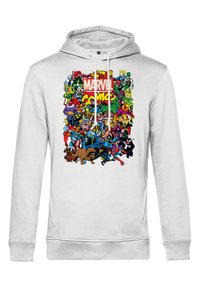 Szary hoodie z kolorową grafiką różnych postaci z komiksów Marvel, z wyraźnym logo "MARVEL Comics" w kolorach czerwonym i żółtym.