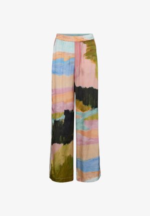 Loose-fitting pants with elastic waistband, featuring an abstract, multicolor brushstroke pattern in pastel and dark shades.
