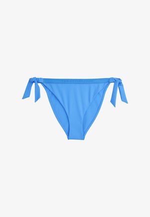 Blauwe bikini onderkant van gladde stof met zijstrikjes. Bevat een subtiele logo langs de tailleband en heeft een klassiek model met gebogen randen.