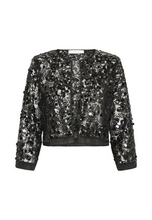 Veste noire cropped à manches longues, recouverte de sequins et de perles noires, avec un col rond et une ouverture devant.