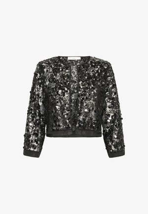 Black cropped jacket with long sleeves, covered in black sequins and beads, featuring a round neckline and open front.