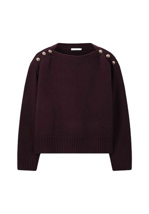 Pull en tricot violet foncé à manches longues, avec des poignets et un ourlet côtelé, et des boutons métalliques le long des épaules des deux côtés.
