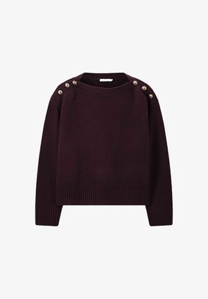 Pull en tricot violet foncé à manches longues, avec des poignets et un ourlet côtelé, et des boutons métalliques le long des épaules des deux côtés.
