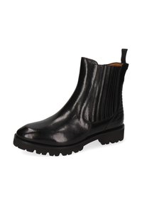 Botas Chelsea de cuero negro con acabado liso, paneles laterales elásticos y detalles texturizados, con una suela resistente y lengüeta para tirar.