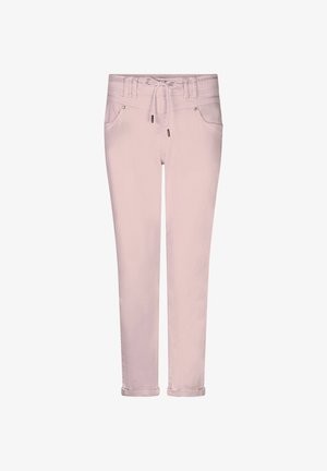 Lyserøde slim-fit bukser med opkørte kanter, forlommer, bæltestropper og snøre i taljen.