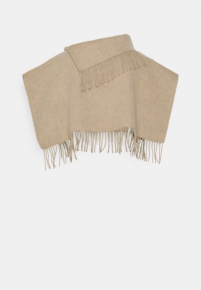 Beige villasegu seguvi jaotusega salli, frantsiisu äärisega, ristküliku kujuga, pehme tekstuuriga ja minimalistliku disainiga. Sobib kihitamiseks või soojuse saamiseks.