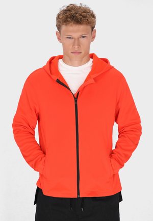 Felrood zip-up hoodie van zacht materiaal, met een capuchon, volledige rits en zijzakken. Zwart ritscontrast detail.