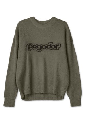 Mekanizam, mekani, maslinasto zeleni džemper s dugim rukavima i crnim natpisom "pagodabr" na prsima, s okruglim izrezom i rebrastim manžetama.