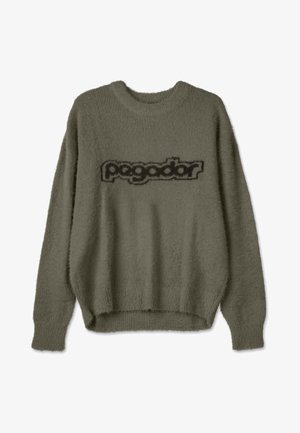 Soft, fuzzy olive green sweater with long sleeves and black text "pagodabr" across the chest, featuring a round neckline and ribbed cuffs.