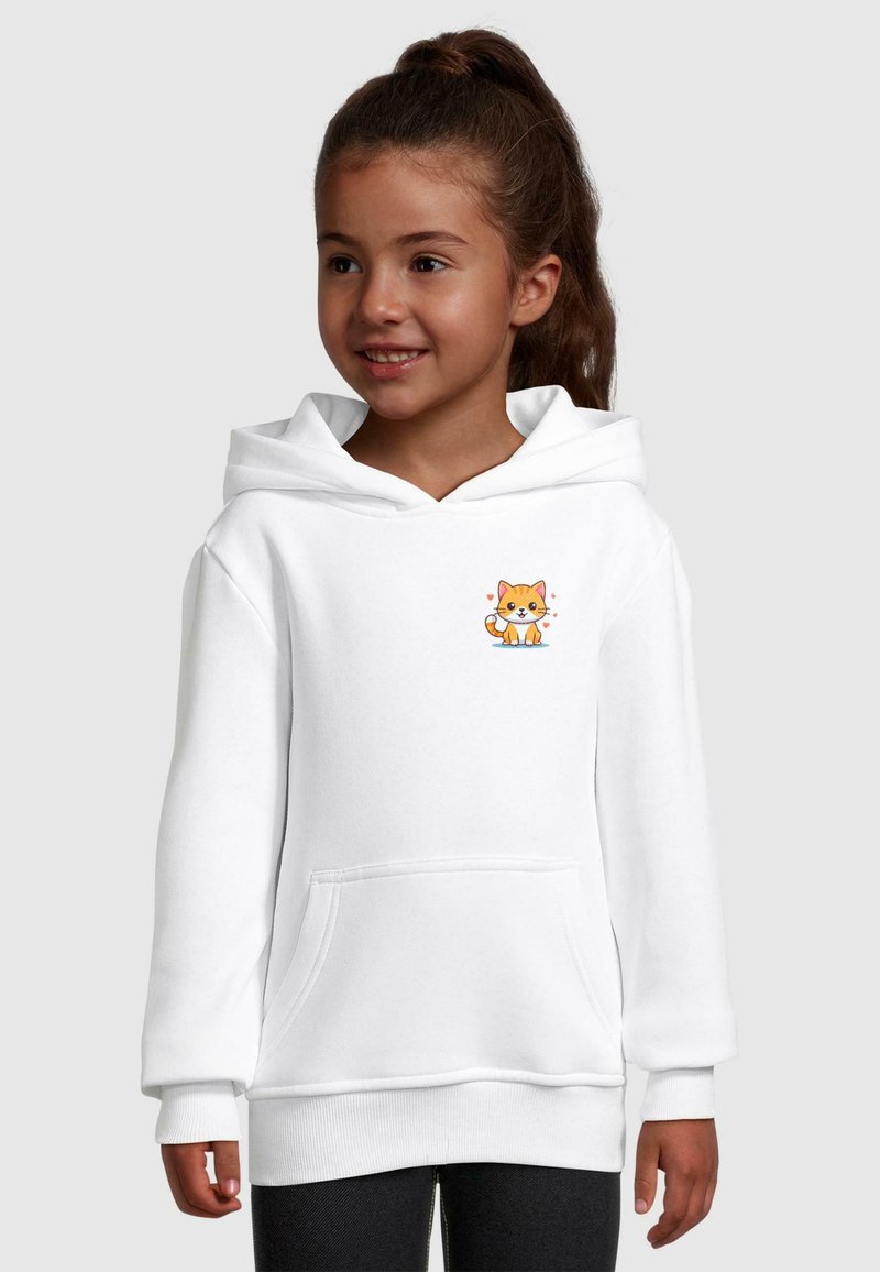 White cotton hoodie with a front pocket, a drawstring hood, and an embroidered orange cat design on the chest. Soft texture, relaxed fit.