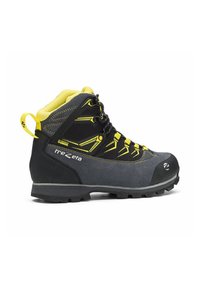 Scarpa da trekking in nero e grigio, con una tomaia testurizzata e accenti gialli. Include una suola in gomma e un sistema di allacciatura rinforzato per il supporto.