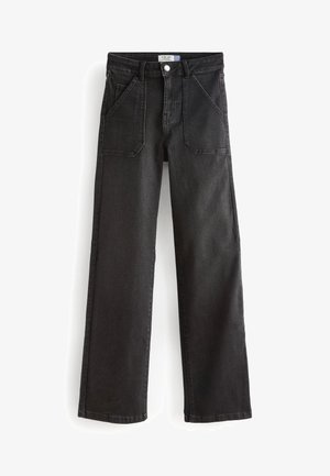 Jean noir à jambes larges avec une taille haute, une coupe droite, deux poches avant et une fermeture classique à bouton et fermeture éclair. Confectionné en tissu denim.