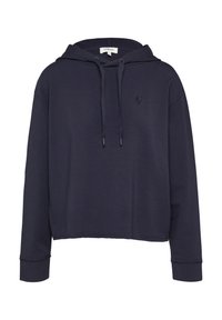 Námořnický modrý mikina s kapucí, s přízovou šňůrkou, krátký design, měkká textura a malé vyšívané srdce na hrudi.