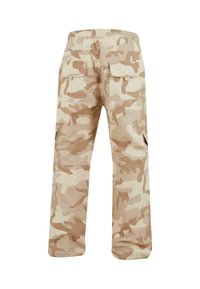 Beige camouflert cargo bukser med elastisk taljebånd, to baklommer og sidelommer, med en avslappet passform og rett ben-design.