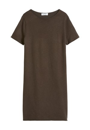 Braunes T-Shirt-Kleid mit kurzem Ärmel und Rundhalsausschnitt, geradem Schnitt, aus weichem Stoff gefertigt, mit einem kleinen weißen Markenetikett innen am Kragen.