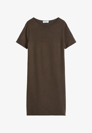Braunes T-Shirt-Kleid mit kurzem Ärmel und Rundhalsausschnitt, geradem Schnitt, aus weichem Stoff gefertigt, mit einem kleinen weißen Markenetikett innen am Kragen.