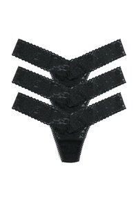 Zwarte kanten slip met een bloemmotief, voorzien van brede kanten banden en gegolfde randen voor extra textuur.