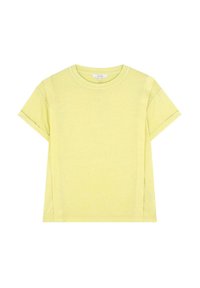 T-shirt in cotone giallo a maniche corte con scollatura a girocollo e cuciture laterali sottili, caratterizzato da una vestibilità morbida e una texture liscia.