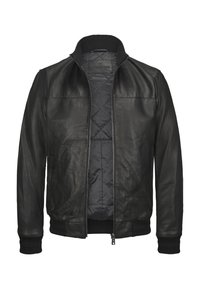 Schwarze Leder-Bomberjacke mit Reißverschluss, gerippten Bündchen und Saum sowie gestepptem Innenfutter. Sie verfügt über Seitentaschen und keine sichtbaren Muster.